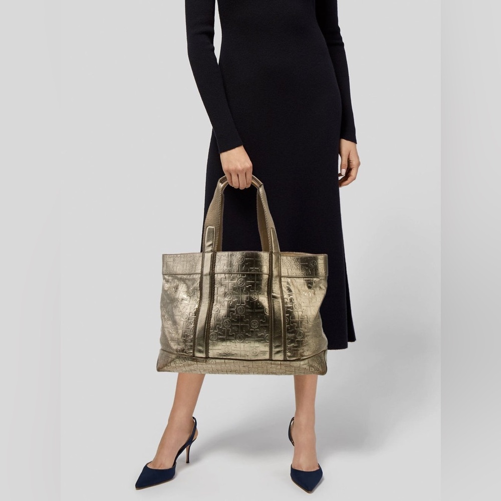 Tory Burch Large Gold Embossed Signature Weekender Tote Bag
